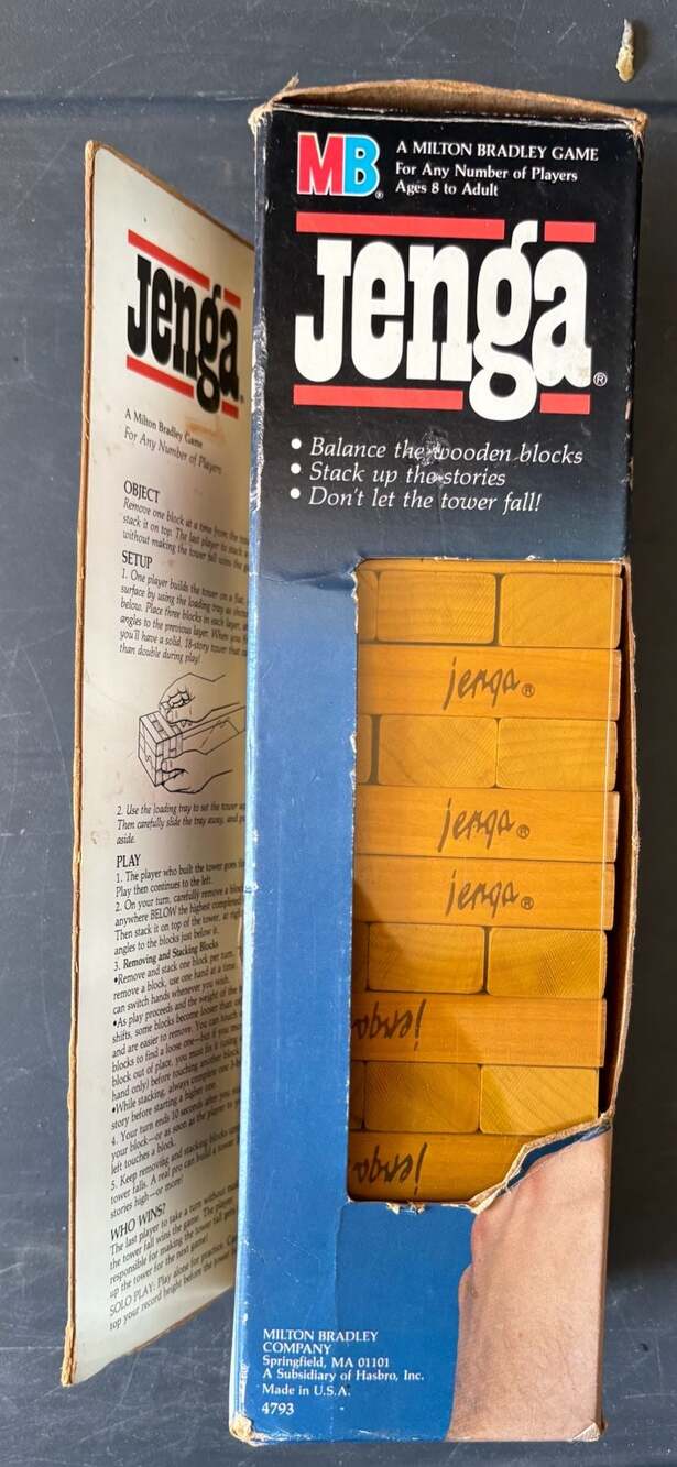 Vintage 1986 Milton Bradley Jenga Game in original Box #4793 stacking blocks